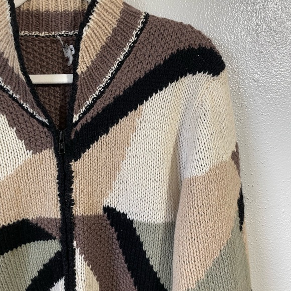 Vintage 100% Wool Zip Front Cardigan Geometric Colorblock Sweater Size M Warmest - Picture 3 of 14